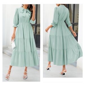 V Neck Maxi Dress  Short Sleeve Elastic High Tiered A Line Flowy Long Dress